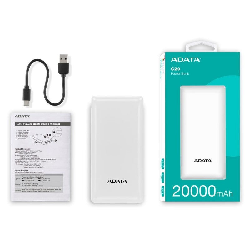 Power Bank 20000mAh Blanca  /2 puertos USB + 1 Puerto Tipo C entrada y Salida + 1 puerto de entrada  micro usb