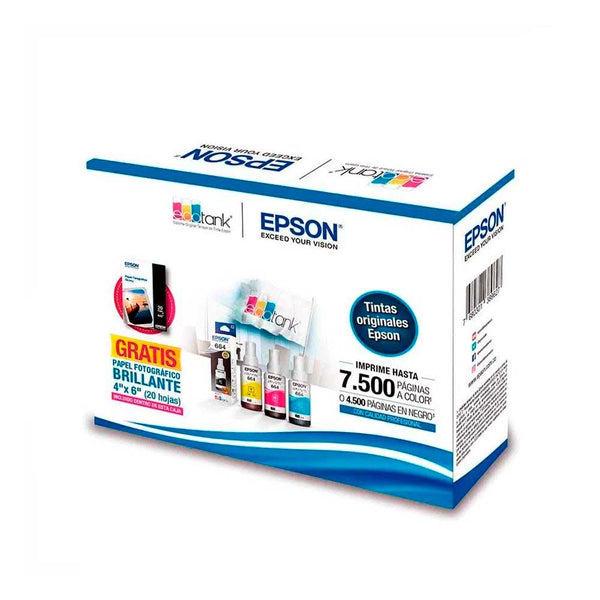 Kit 4 Botellas de Tinta para impresoras EPSON + Papel Fotográfico