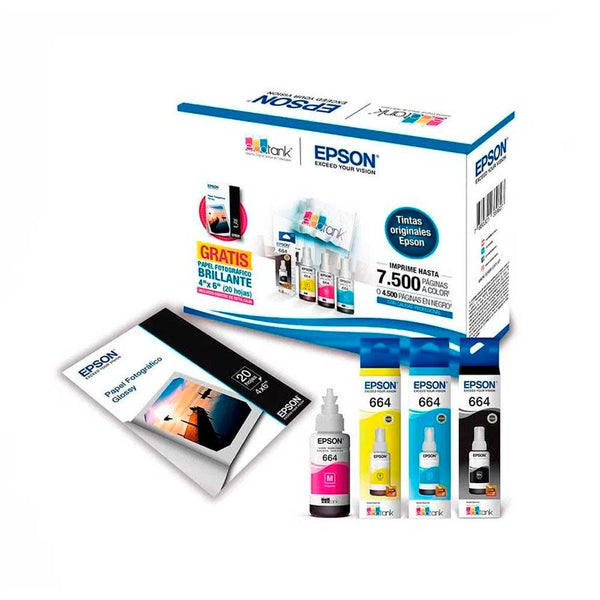 Kit 4 Botellas de Tinta para impresoras EPSON + Papel Fotográfico