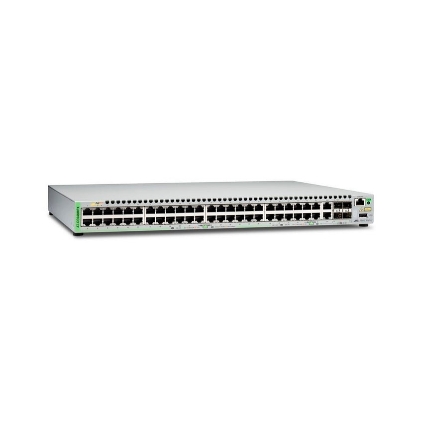 Switches Allied telesis Gigabit Ethernet Managed switch with 48 10/100/1000T POE ports, 2 SFP/Copper combo ports, 2 SFP/SFP+ uplink slots, single fixed AC power supply US Power Cord