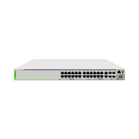 Switches Allied telesis Gigabit Ethernet Managed switch with 24 10/100/1000T POE ports, 2 SFP/Copper combo ports, 2 SFP/SFP+ uplink slots, single fixed AC power supply US Power Cord