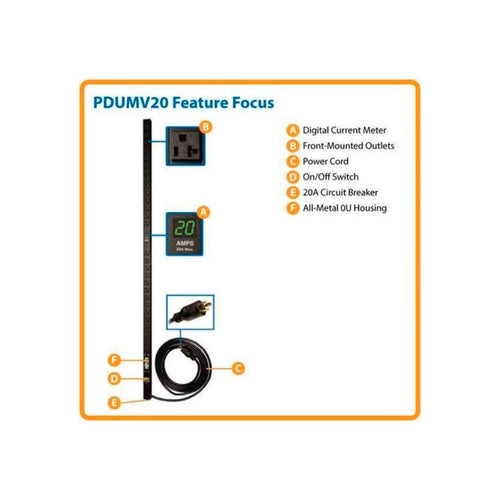 PDU Monofásico con Medidor Digital, 1.9kW 20A 120V, para instalación Vertical de 0U en Rack 28 Tomac