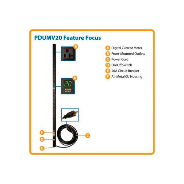 PDU Monofásico con Medidor Digital, 1.9kW 20A 120V, para instalación Vertical de 0U en Rack 28 Tomac