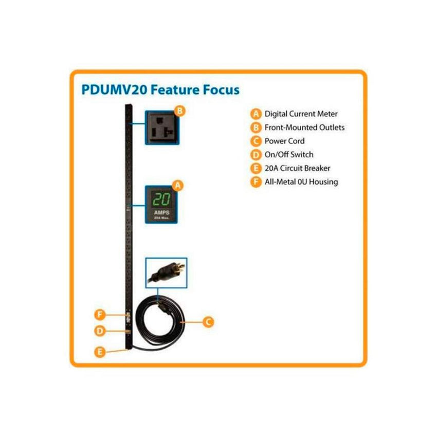 PDU Monofásico con Medidor Digital, 1.9kW 20A 120V, para instalación Vertical de 0U en Rack 28 Tomac