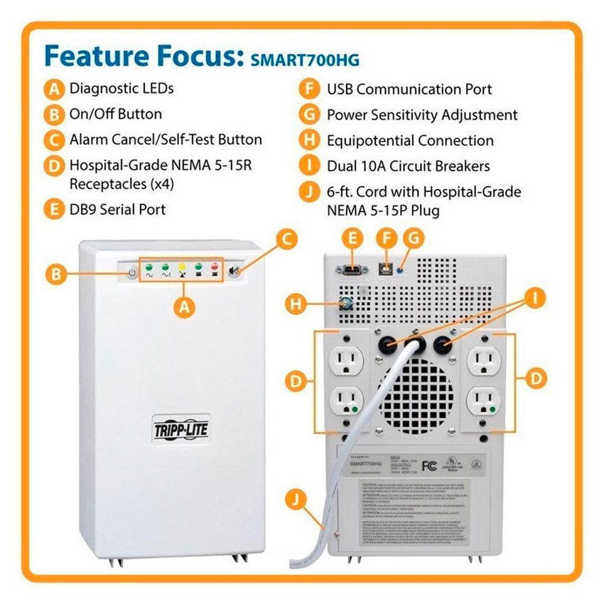 UPS SmartPro Interactivo de Grado Médico en Torre 120V 700VA 450W con 4 Tomacorrientes, Aislamiento Completo, USB, DB9
