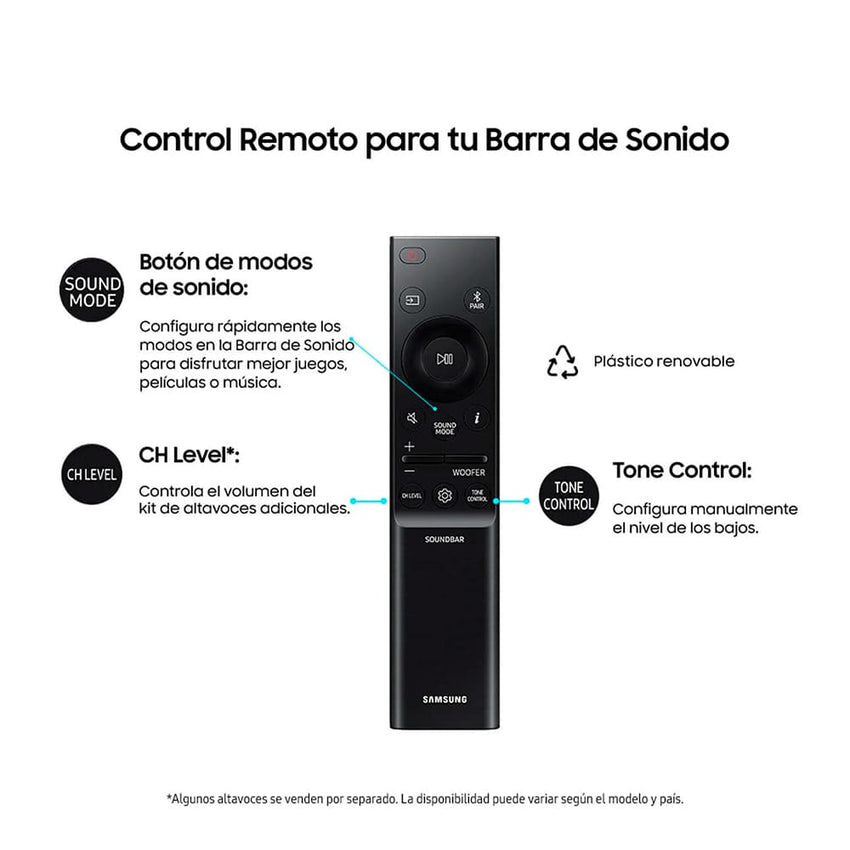 Barra de sonido Samsung, Subwoofer, 2.1 canales Conexión inalámbrica con el televisor, Experiencia de sonido envolvente, Potencia 300W, Garantia de 1 Año