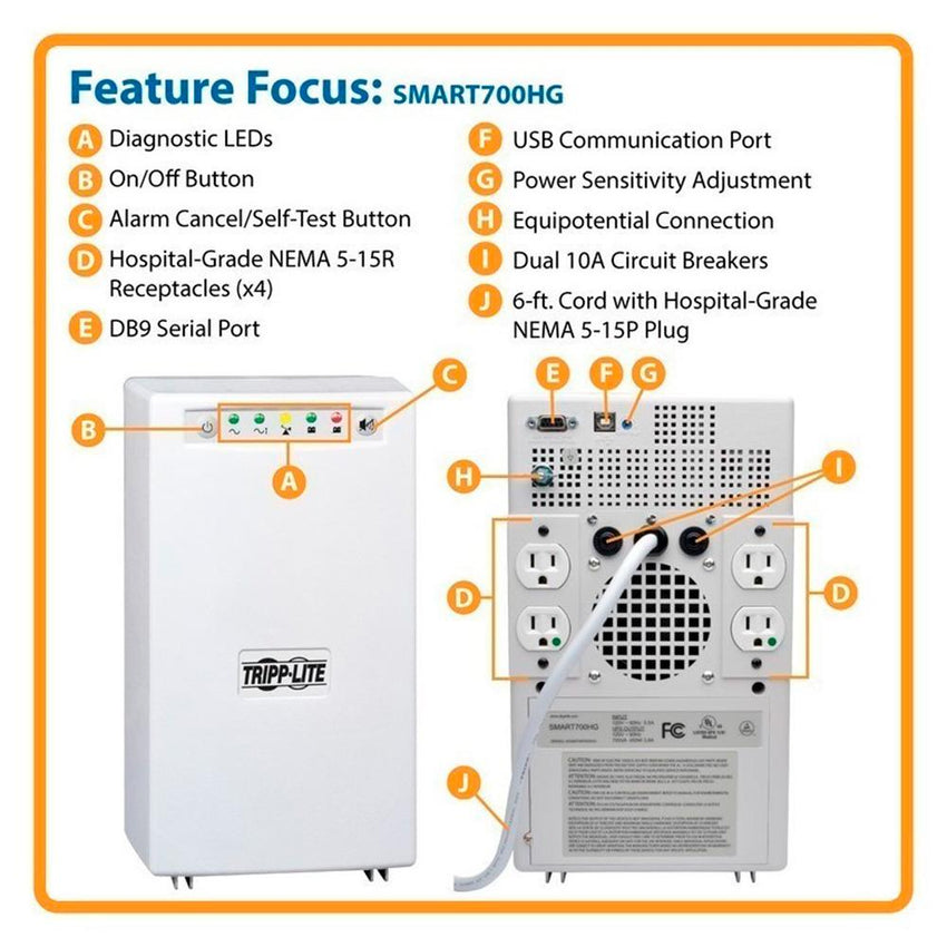 UPS SmartPro Interactivo de Grado Médico en Torre 120V 700VA 450W con 4 Tomacorrientes, Aislamiento Completo, USB, DB9
