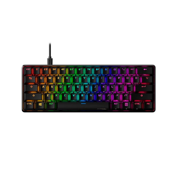 Teclado gamer HyperX inglés US color negro con luz RGB.